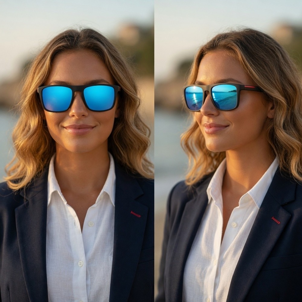 Women Square Sunglasses Black Frame Blue Mirrored Lens Outdoor Work Gafas Lentes